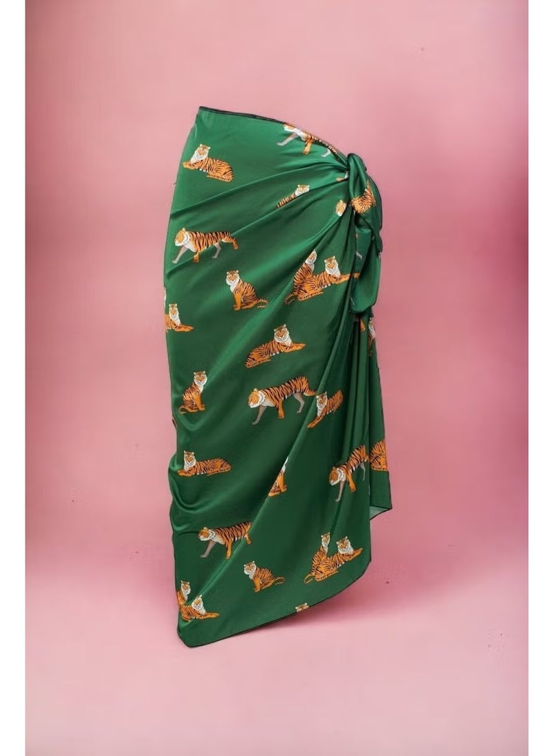 Pistore Green Tiger Patterned Long Pareo Satin Women's Beach Dress New Season - Image 1